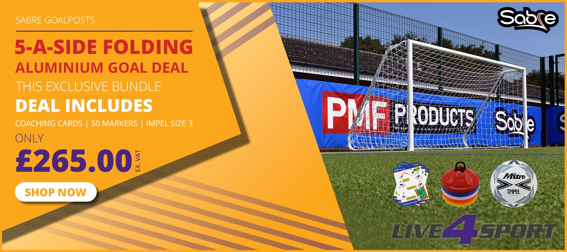Sabre 5-A-Side Folding Aluminium Bundle Goal includes, coaching cards, 50 markers and an impel one football size 3. This exclusive deal is available to order now online.